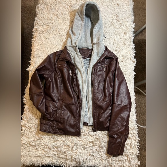 Brown Pleather Bomber Jacket with 4 pockets and Removable Hood - Picture 1 of 16
